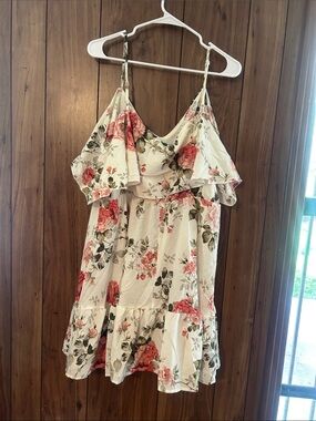 Floral Ruffle Spaghetti-Strap cold shoulder Dress - Cream with Pink Roses